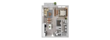 A top-down view of a small apartment with a kitchen, living room, and bedroom.