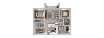 A 3D floor plan of a small apartment with a kitchen, living room, and bedroom.