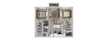 A 3D floor plan of a small apartment with a kitchen, living room, and bedroom.