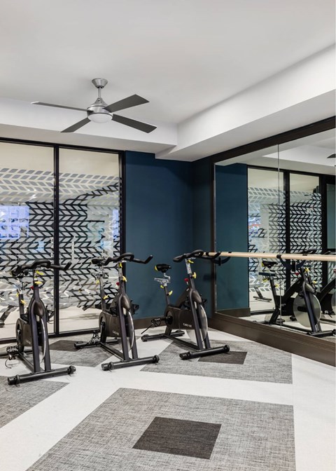 A gym with exercise bikes and a fan.
