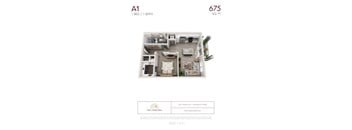A1 - 1 bedroom floorplan layout with 1 bathroom and 675 square feet