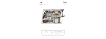 A6 apartment floor plan with 1 bed and 1 bath.
