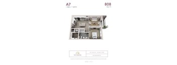 A7 - 1 bedroom floorplan layout with 1 bathroom and 808 square feet