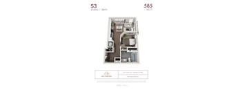 S3 - Studio floorplan layout with 1 bathroom and 585 square feet