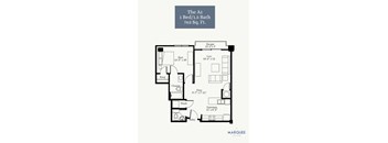 A drawing of a floor plan for a 1 bedroom, 1.5 bath apartment.