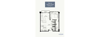A floor plan for a 1 bedroom, 1.5 bath apartment that is 796 square feet.