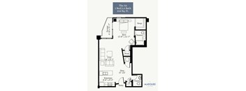 A floor plan of a 1 bedroom apartment with a bathroom.