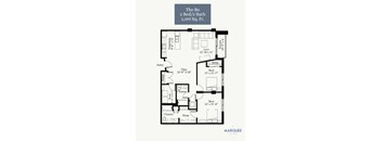 A black and white image of a floor plan for a 2 bedroom, 2 bathroom apartment.
