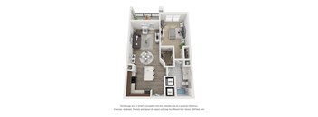 A 3D floor plan of a small apartment with a kitchen, living room, and bathroom.