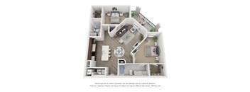 A 3D floor plan of a house with a kitchen, living room, and bathroom.