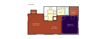 A floor plan of a small apartment with a living room, kitchen, dining area, bedroom and bathroom.
