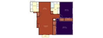 A floor plan of a house layout with a kitchen, dining room, living room, two bedrooms, a bathroom, a pantry, a closet, a coat closet, and a patio.