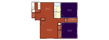 A floor plan of a house layout with a kitchen, living room, dining room, two bedrooms and two bathrooms.