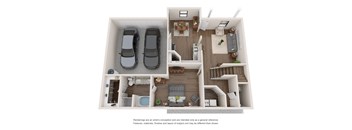 A 3D rendered image of a house layout with two cars parked outside.