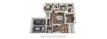 A floor plan of a house with a living room, dining room, kitchen, and two bedrooms.
