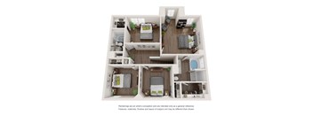 A 3D floor plan of a small apartment with a kitchen, living room, and bedrooms.