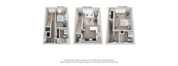 Three floor plans of a small apartment with a kitchen, living room, and bedroom.