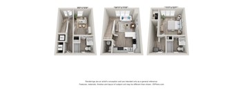 Three different floor plans for a small apartment are shown.