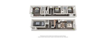 A 3D floor plan of a house with two bedrooms, a living room, a kitchen, and a garage.