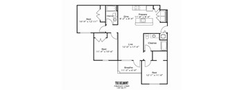 A black and white image of a floor plan for a 3 bedroom, 2 bathroom apartment.