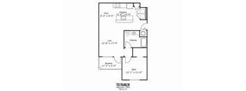 A black and white image of a floor plan for a one bedroom apartment.