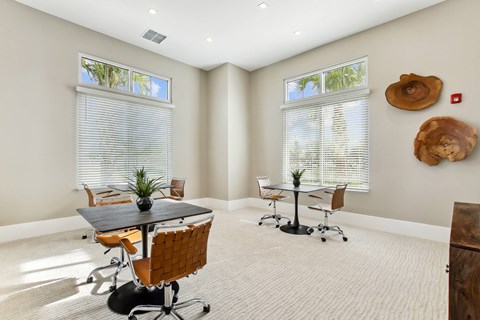 A conference room with a table, chairs, and a plant.