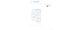 A floor plan for a Skyhouse Buckhead shows a living area, a kitchen, a dining room, a bedroom, a bathroom, and a balcony.
