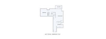 A floor plan of a one bedroom apartment with a living room, kitchen and bathroom.