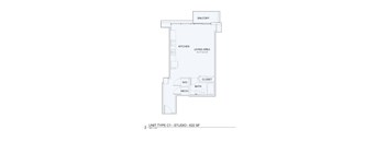 A floor plan of a studio apartment with a kitchen, living area, and bathroom.