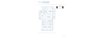 A floor plan for a Skyhouse Buckhead shows a living room, dining room, kitchen, and two bedrooms.