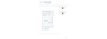 A floor plan for a SkyHouse by Buckhead shows a living area, kitchen, and bathroom.