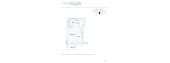 A floor plan for a Skyhouse Buckhead shows a living area, kitchen, bath, and closet.