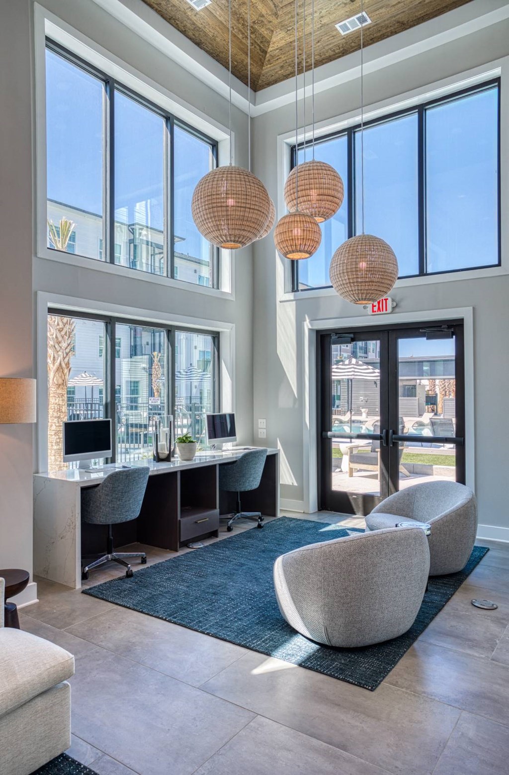 A modern office with a view of the city.