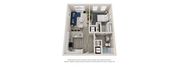 A 3D floor plan of a small apartment with a kitchen, living room, and bathroom.