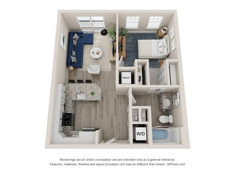 A 3D floor plan of a small apartment with a kitchen, living room, and bathroom.