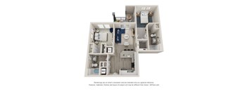 A 3D floor plan of a small apartment with a kitchen, living room, and bathroom.
