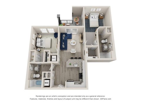 A 3D floor plan of a small apartment with a kitchen, living room, and bathroom.