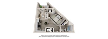 A 3D floor plan of a house with a kitchen, living room, and bathroom.