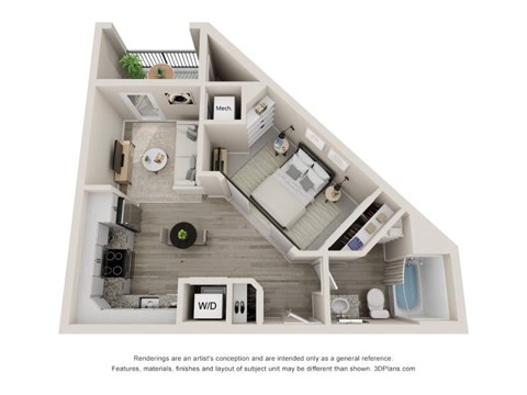 A 3D floor plan of a house with a kitchen, living room, and bathroom.
