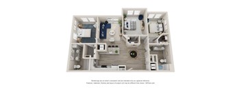 A 3D floor plan of a house with a kitchen, living room, and bathrooms.