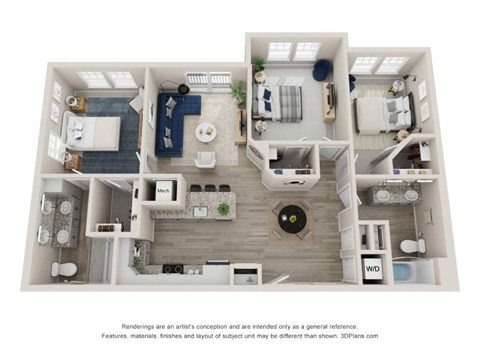 A 3D floor plan of a house with a kitchen, living room, and bathrooms.