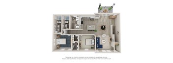 A 3D floor plan of a house with a kitchen, living room, and bathrooms.