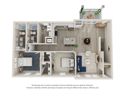 A 3D floor plan of a house with a kitchen, living room, and bathrooms.