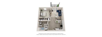 A 3D floor plan of a small apartment with a kitchen, living room, and bathroom.