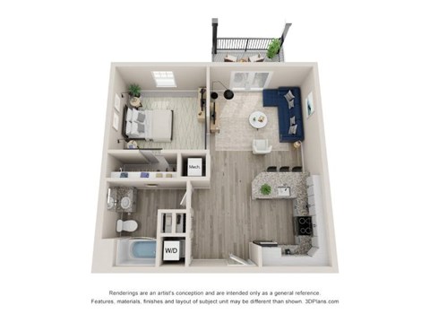 A 3D floor plan of a small apartment with a kitchen, living room, and bathroom.