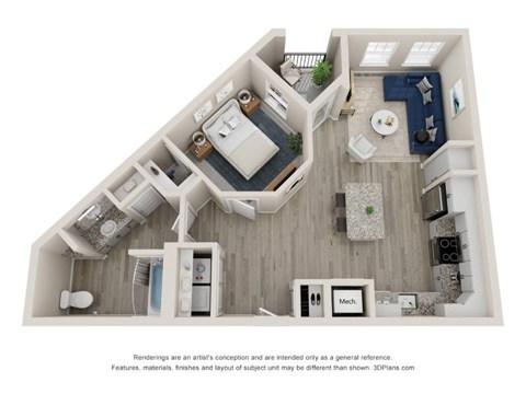 A 3D floor plan of a house with a kitchen, living room, and bathroom.