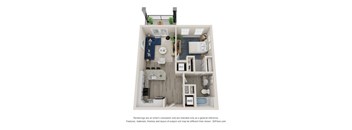 A 3D floor plan of a small apartment with a kitchen, living room, and bathroom.