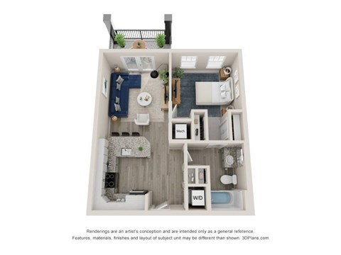A 3D floor plan of a small apartment with a kitchen, living room, and bathroom.