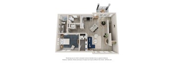 A 3D floor plan of a small apartment with a kitchen, living room, and bathroom.