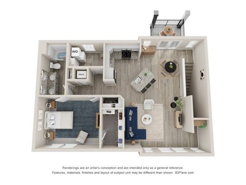 A 3D floor plan of a small apartment with a kitchen, living room, and bathroom.